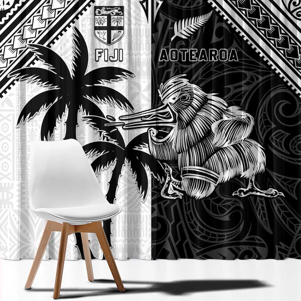 New Zealand And Fiji Rugby 2024 Window Curtain Maori Kiwi With Fijian Palm Tree LT05 - Polynesian Pride