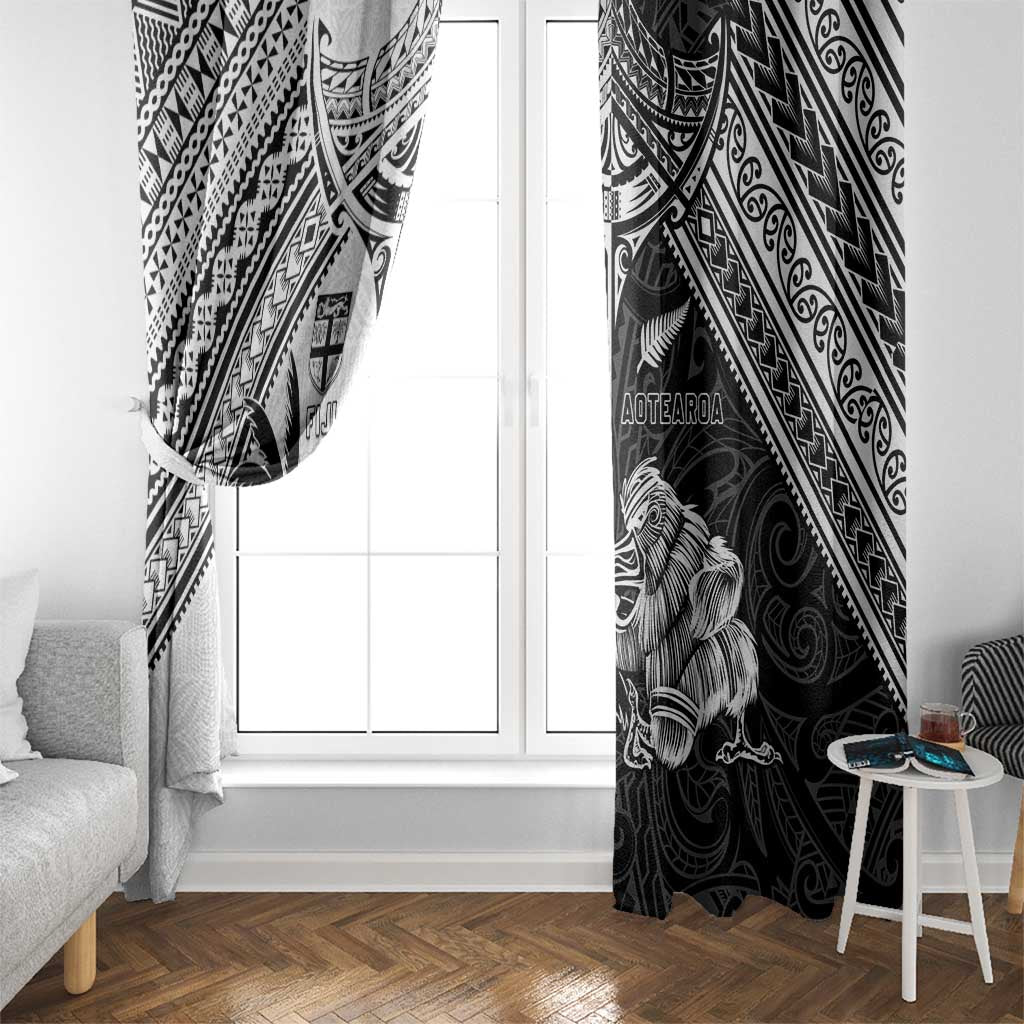 New Zealand And Fiji Rugby 2024 Window Curtain Maori Kiwi With Fijian Palm Tree LT05 - Polynesian Pride