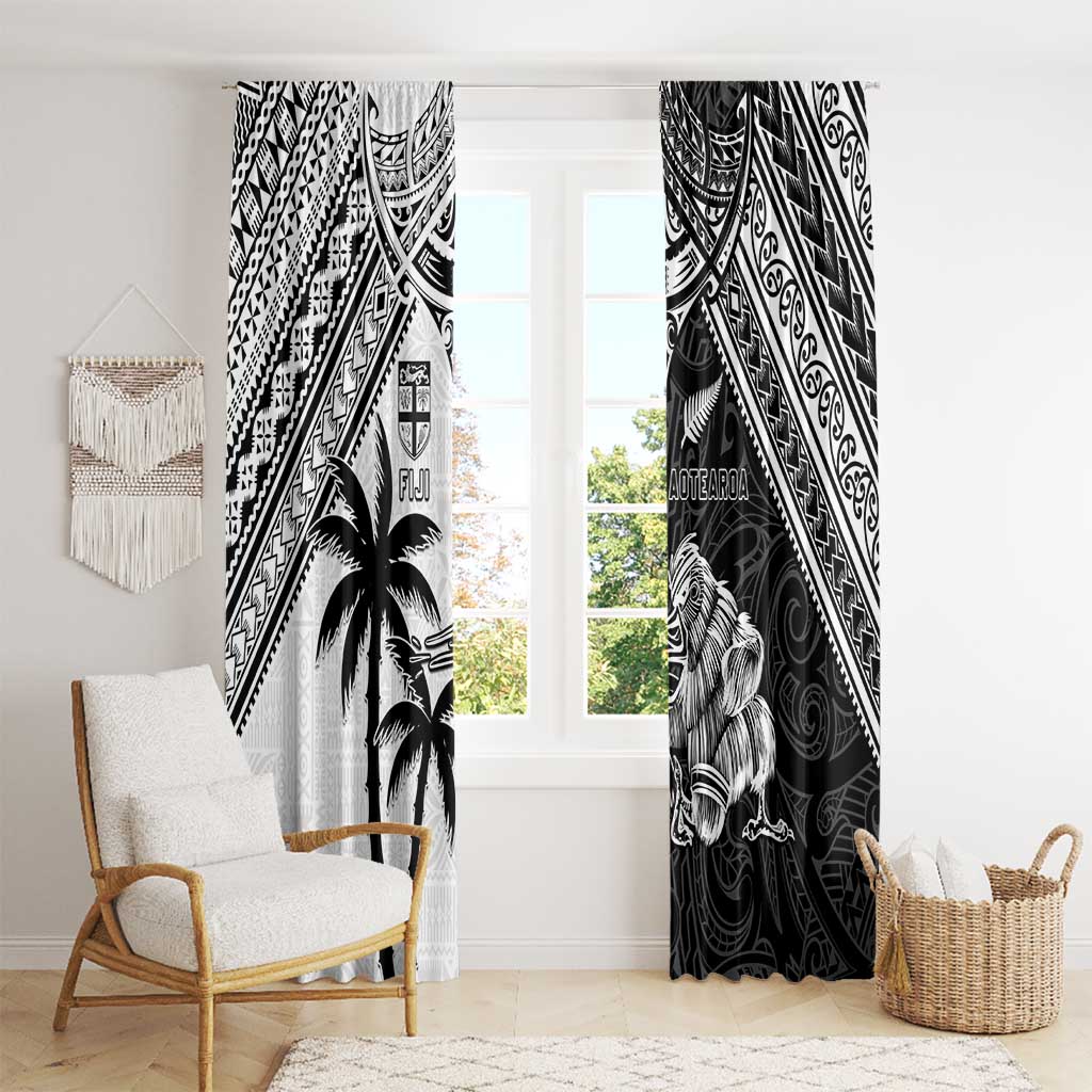 New Zealand And Fiji Rugby 2024 Window Curtain Maori Kiwi With Fijian Palm Tree LT05 - Polynesian Pride