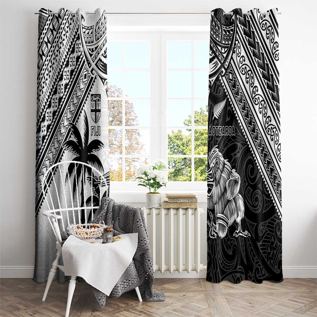New Zealand And Fiji Rugby 2024 Window Curtain Maori Kiwi With Fijian Palm Tree LT05 - Polynesian Pride