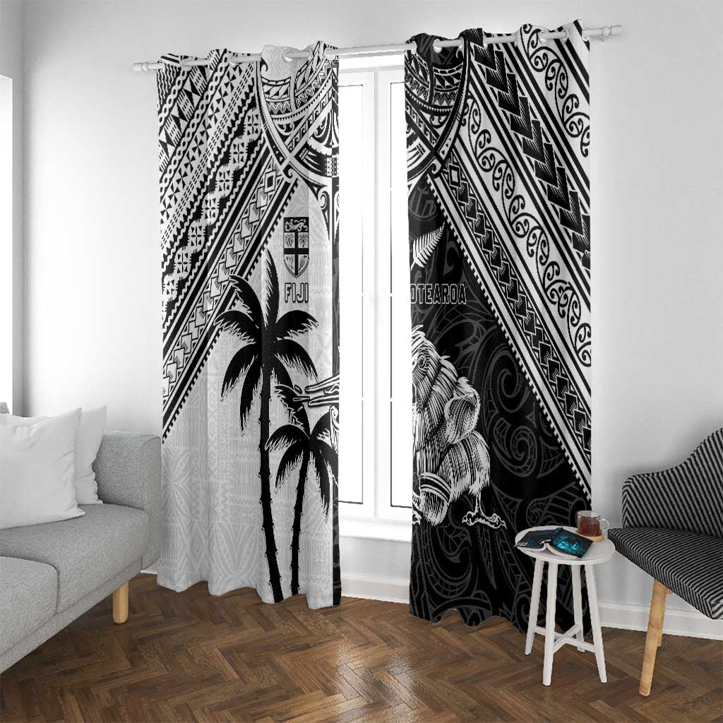 New Zealand And Fiji Rugby 2024 Window Curtain Maori Kiwi With Fijian Palm Tree LT05 With Grommets Black - Polynesian Pride