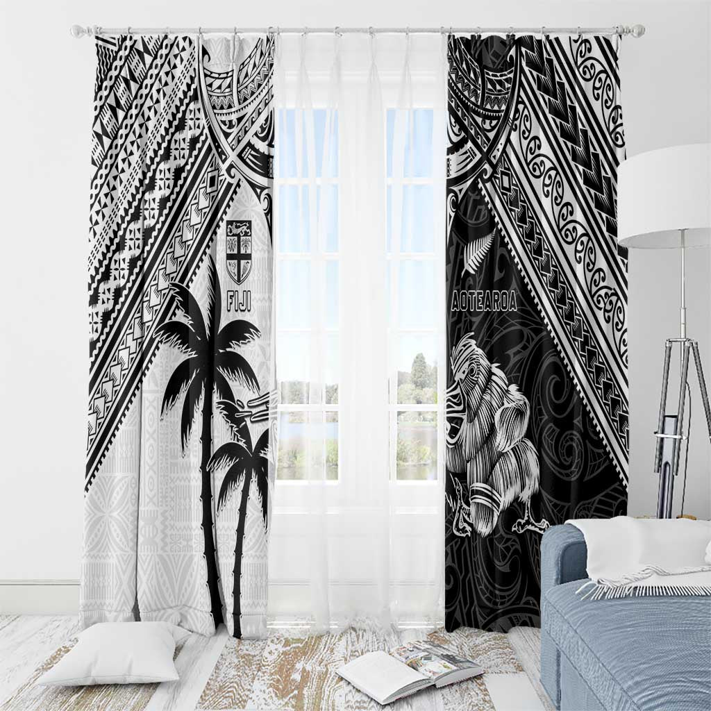 New Zealand And Fiji Rugby 2024 Window Curtain Maori Kiwi With Fijian Palm Tree LT05 - Polynesian Pride