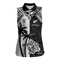 Custom New Zealand And Fiji Rugby 2024 Women Sleeveless Polo Shirt Maori Kiwi With Fijian Palm Tree LT05 Female Black - Polynesian Pride