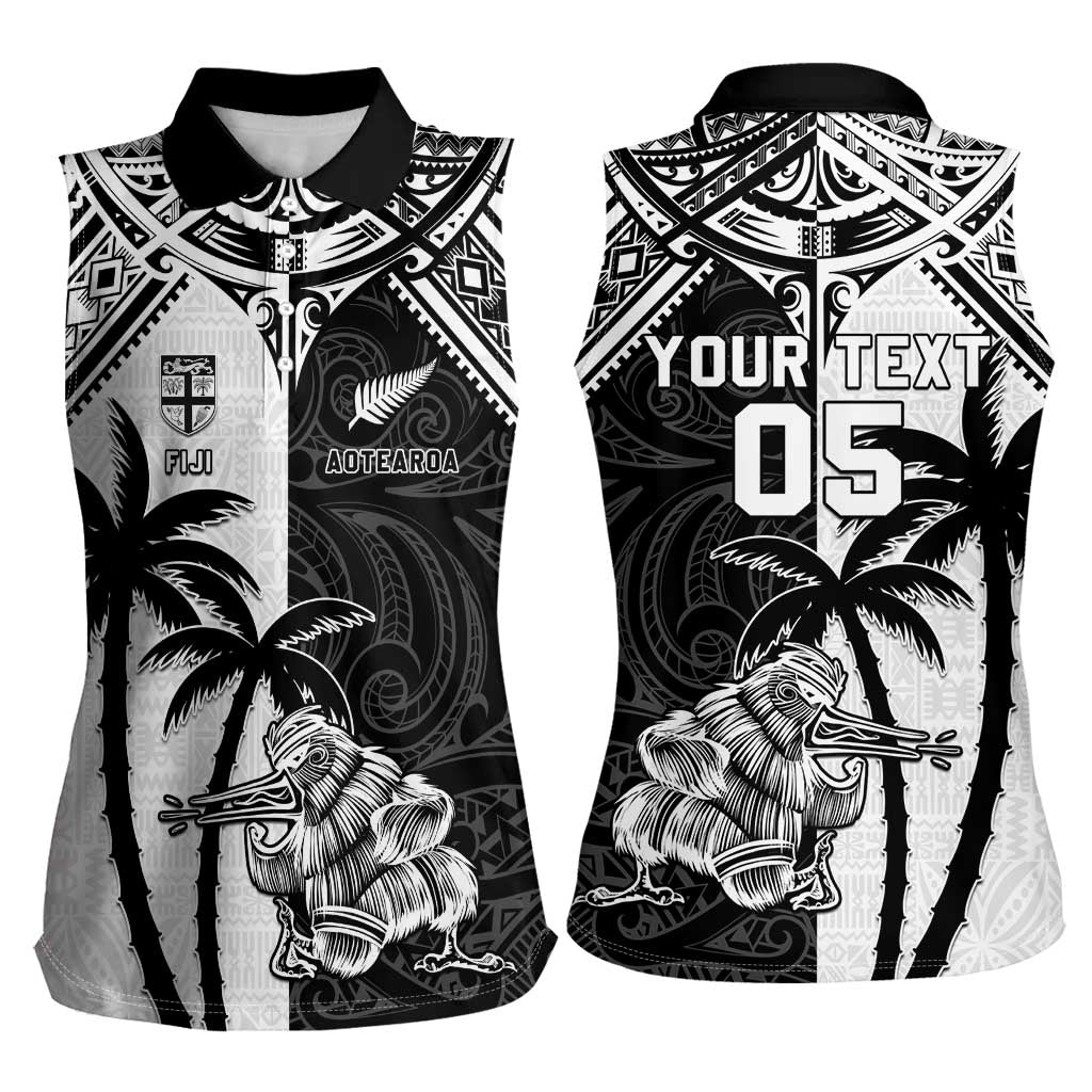 Custom New Zealand And Fiji Rugby 2024 Women Sleeveless Polo Shirt Maori Kiwi With Fijian Palm Tree LT05 - Polynesian Pride