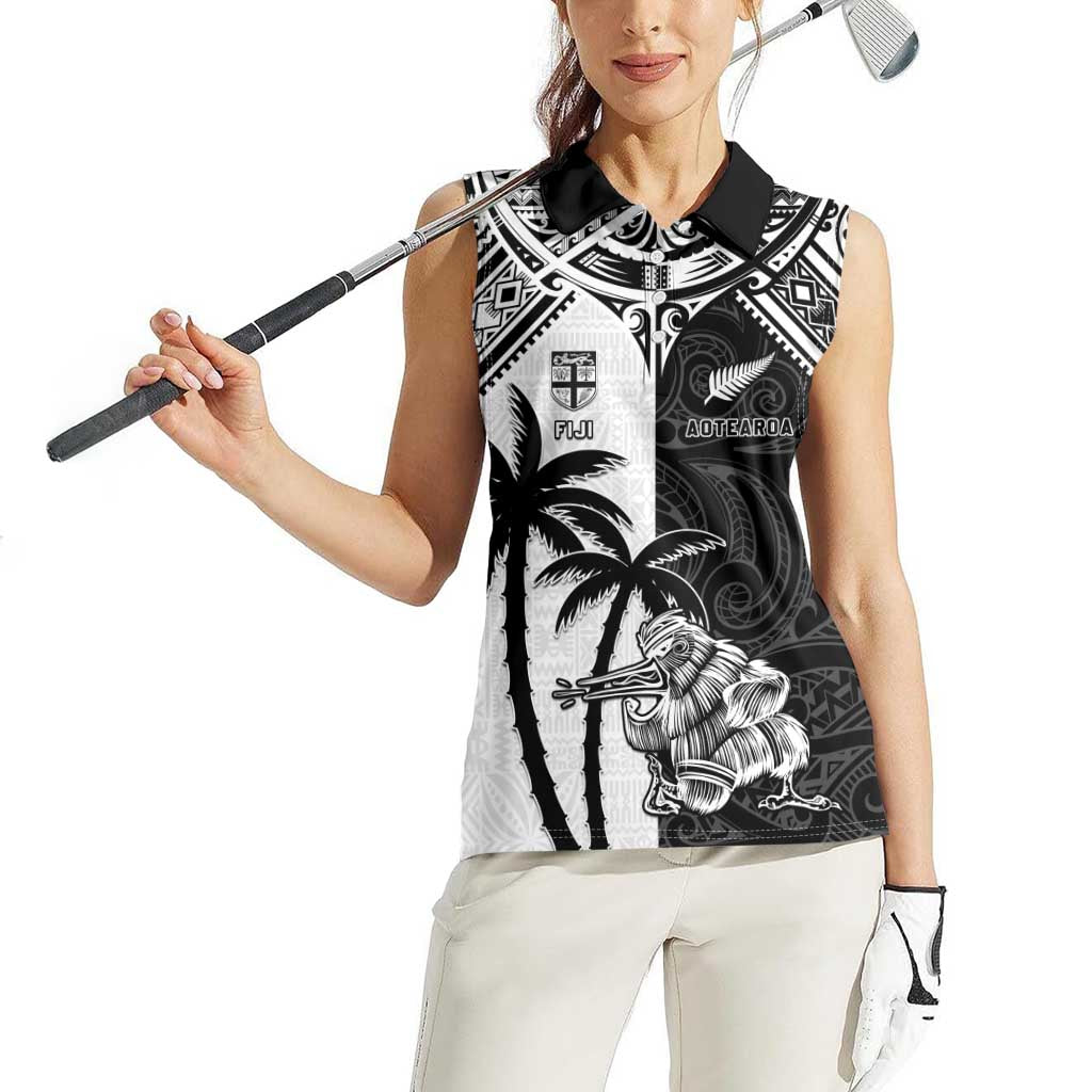 Custom New Zealand And Fiji Rugby 2024 Women Sleeveless Polo Shirt Maori Kiwi With Fijian Palm Tree LT05 - Polynesian Pride