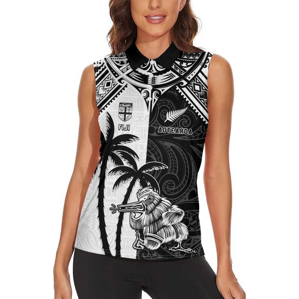 Custom New Zealand And Fiji Rugby 2024 Women Sleeveless Polo Shirt Maori Kiwi With Fijian Palm Tree LT05 - Polynesian Pride