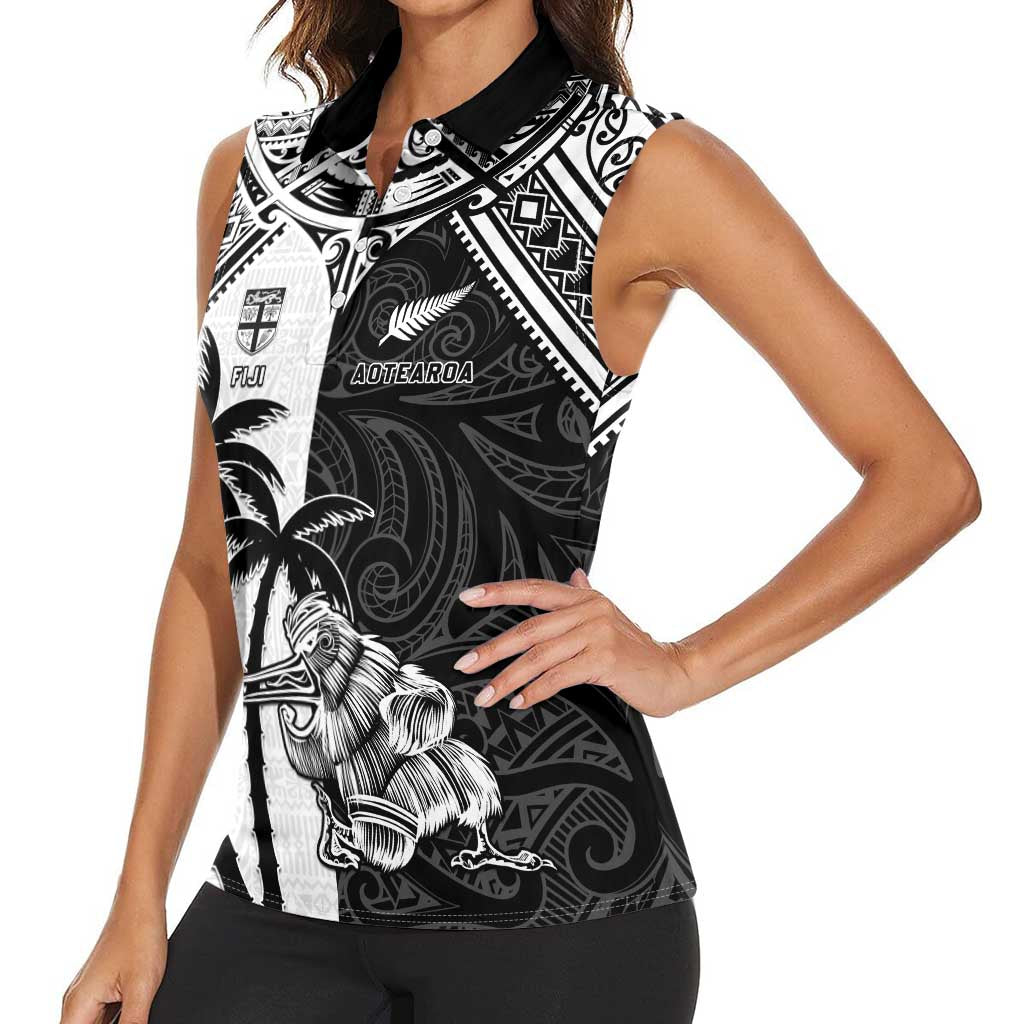 Custom New Zealand And Fiji Rugby 2024 Women Sleeveless Polo Shirt Maori Kiwi With Fijian Palm Tree LT05 - Polynesian Pride
