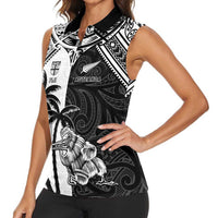 Custom New Zealand And Fiji Rugby 2024 Women Sleeveless Polo Shirt Maori Kiwi With Fijian Palm Tree LT05 - Polynesian Pride