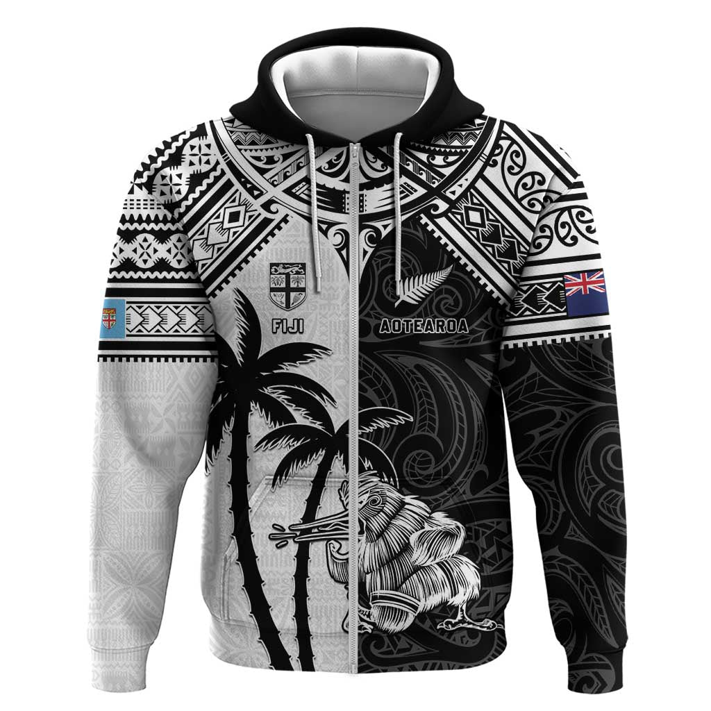 Custom New Zealand And Fiji Rugby 2024 Zip Hoodie Maori Kiwi With Fijian Palm Tree LT05 Zip Hoodie Black - Polynesian Pride