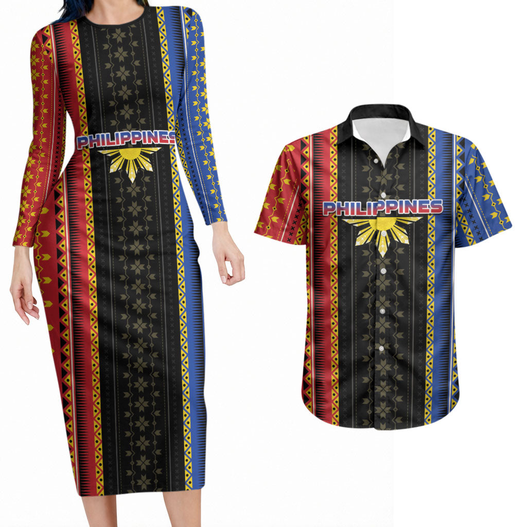 Personalised Philippines Filipinos Couples Matching Long Sleeve Bodycon Dress and Hawaiian Shirt Igorot Tribal Inspiration Pattern Style LT05 Black - Polynesian Pride
