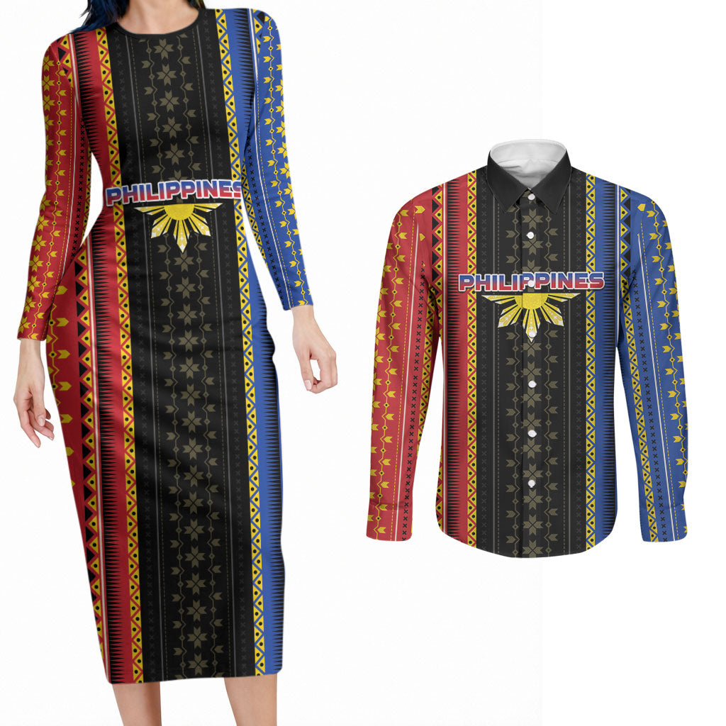 Personalised Philippines Filipinos Couples Matching Long Sleeve Bodycon Dress and Long Sleeve Button Shirt Igorot Tribal Inspiration Pattern Style LT05 Black - Polynesian Pride