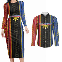 Personalised Philippines Filipinos Couples Matching Long Sleeve Bodycon Dress and Long Sleeve Button Shirt Igorot Tribal Inspiration Pattern Style LT05 Black - Polynesian Pride