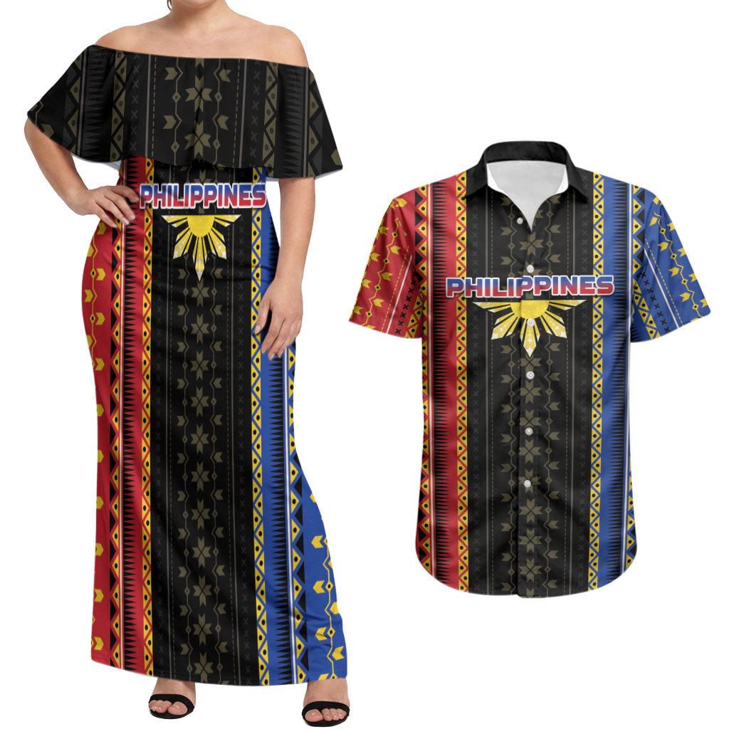 Personalised Philippines Filipinos Couples Matching Off Shoulder Maxi Dress and Hawaiian Shirt Igorot Tribal Inspiration Pattern Style LT05 Black - Polynesian Pride