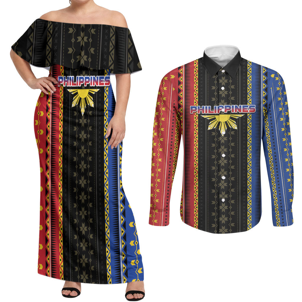 Personalised Philippines Filipinos Couples Matching Off Shoulder Maxi Dress and Long Sleeve Button Shirt Igorot Tribal Inspiration Pattern Style LT05 Black - Polynesian Pride