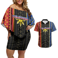 Personalised Philippines Filipinos Couples Matching Off Shoulder Short Dress and Hawaiian Shirt Igorot Tribal Inspiration Pattern Style LT05 Black - Polynesian Pride