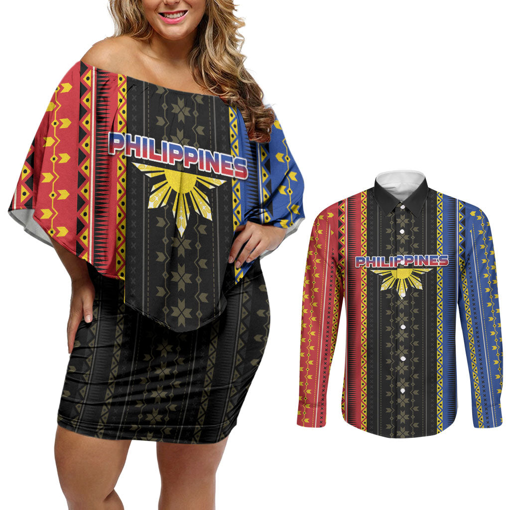 Personalised Philippines Filipinos Couples Matching Off Shoulder Short Dress and Long Sleeve Button Shirt Igorot Tribal Inspiration Pattern Style LT05 Black - Polynesian Pride