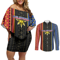 Personalised Philippines Filipinos Couples Matching Off Shoulder Short Dress and Long Sleeve Button Shirt Igorot Tribal Inspiration Pattern Style LT05 Black - Polynesian Pride