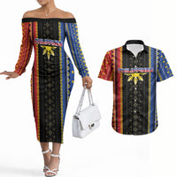 Personalised Philippines Filipinos Couples Matching Off The Shoulder Long Sleeve Dress and Hawaiian Shirt Igorot Tribal Inspiration Pattern Style LT05 Black - Polynesian Pride