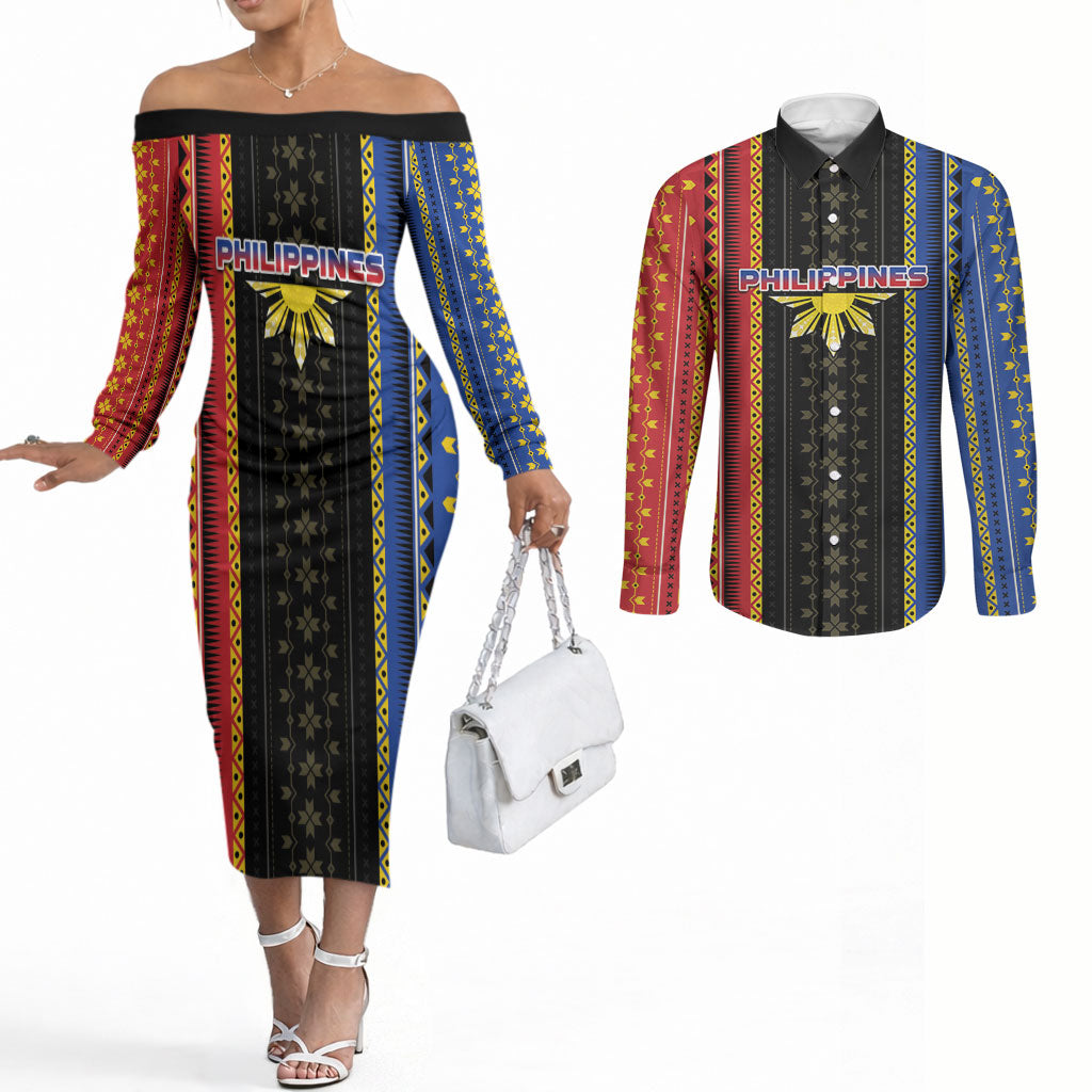 Personalised Philippines Filipinos Couples Matching Off The Shoulder Long Sleeve Dress and Long Sleeve Button Shirt Igorot Tribal Inspiration Pattern Style LT05 Black - Polynesian Pride