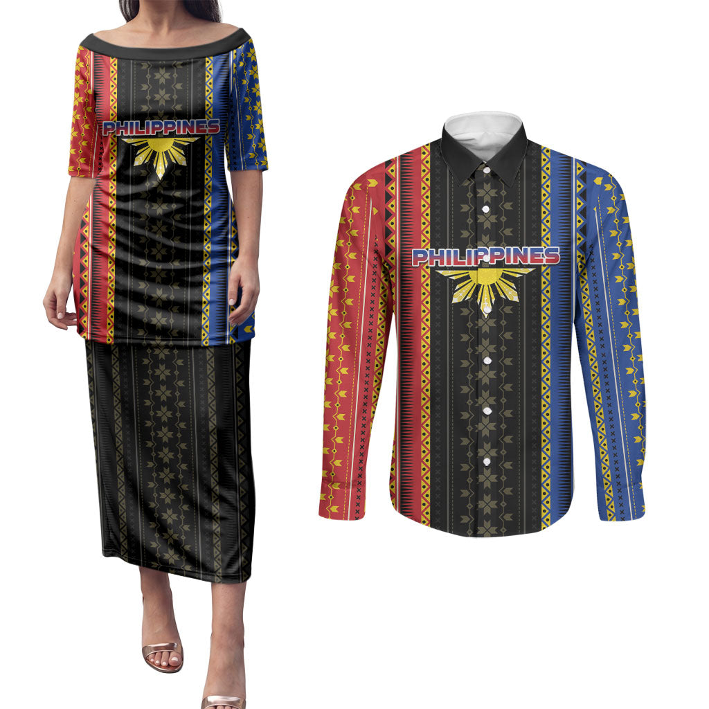 Personalised Philippines Filipinos Couples Matching Puletasi and Long Sleeve Button Shirt Igorot Tribal Inspiration Pattern Style LT05 Black - Polynesian Pride