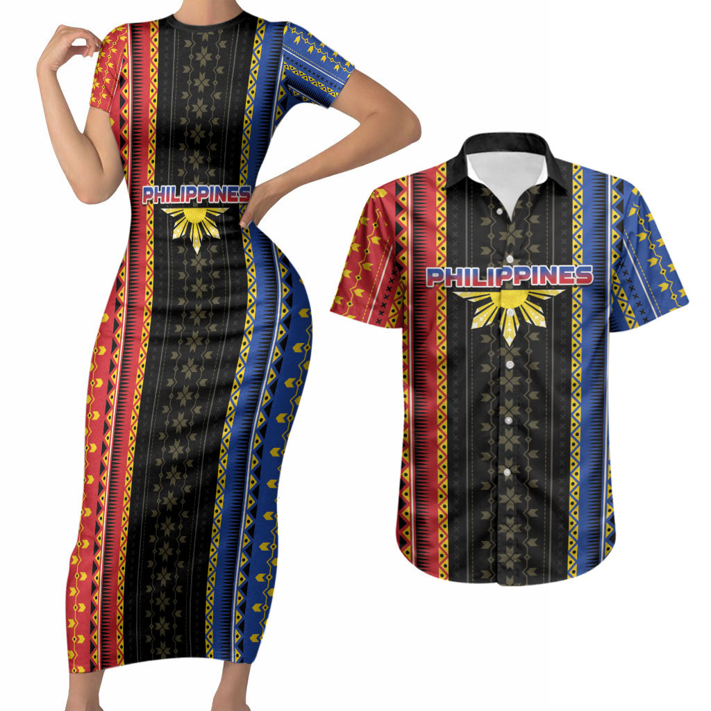 Personalised Philippines Filipinos Couples Matching Short Sleeve Bodycon Dress and Hawaiian Shirt Igorot Tribal Inspiration Pattern Style LT05 Black - Polynesian Pride