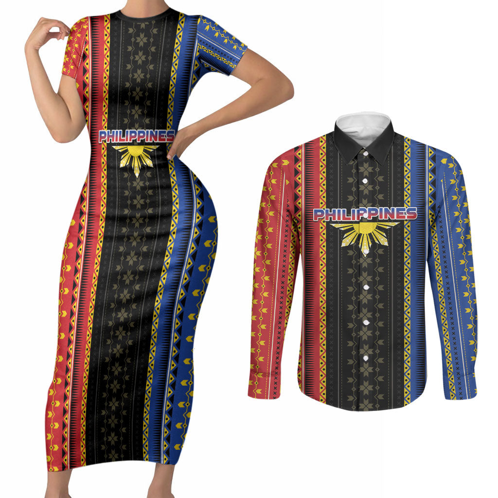 Personalised Philippines Filipinos Couples Matching Short Sleeve Bodycon Dress and Long Sleeve Button Shirt Igorot Tribal Inspiration Pattern Style LT05 Black - Polynesian Pride