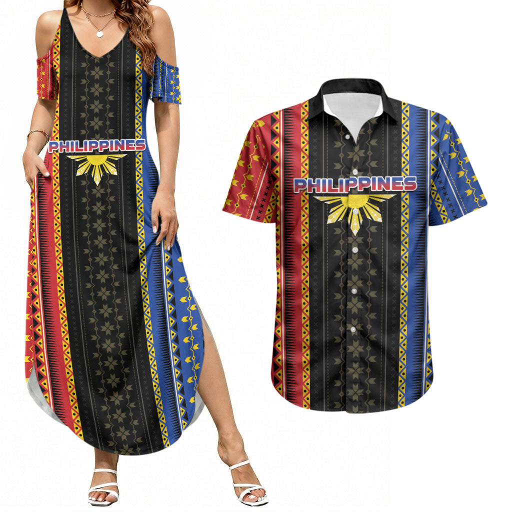 Personalised Philippines Filipinos Couples Matching Summer Maxi Dress and Hawaiian Shirt Igorot Tribal Inspiration Pattern Style LT05 Black - Polynesian Pride