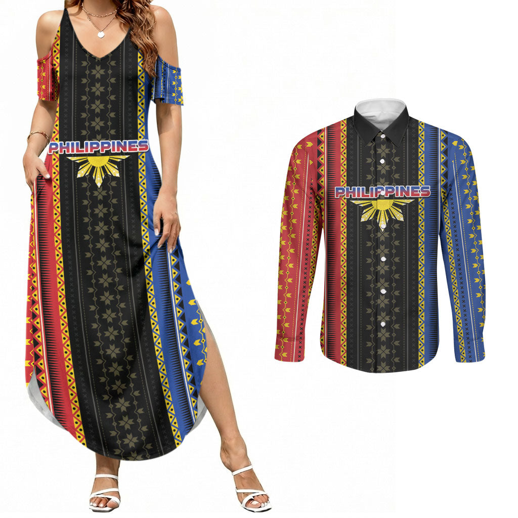 Personalised Philippines Filipinos Couples Matching Summer Maxi Dress and Long Sleeve Button Shirt Igorot Tribal Inspiration Pattern Style LT05 Black - Polynesian Pride