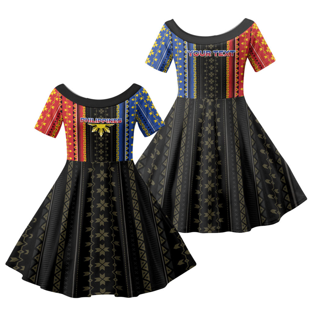 Personalised Philippines Filipinos Family Matching Off The Shoulder Long Sleeve Dress and Hawaiian Shirt Igorot Tribal Inspiration Pattern Style LT05 Daughter's Dress Black - Polynesian Pride