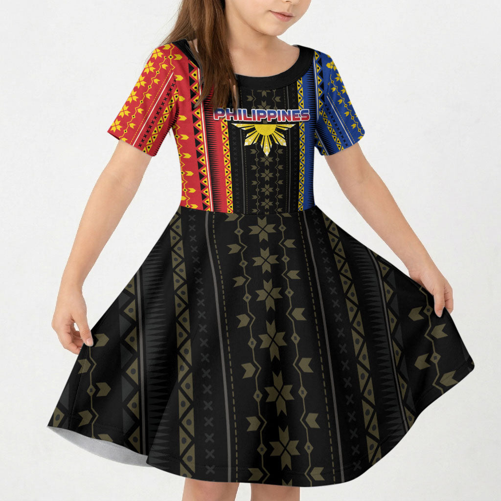 Personalised Philippines Filipinos Kid Short Sleeve Dress Igorot Tribal Inspiration Pattern Style LT05 KID Black - Polynesian Pride