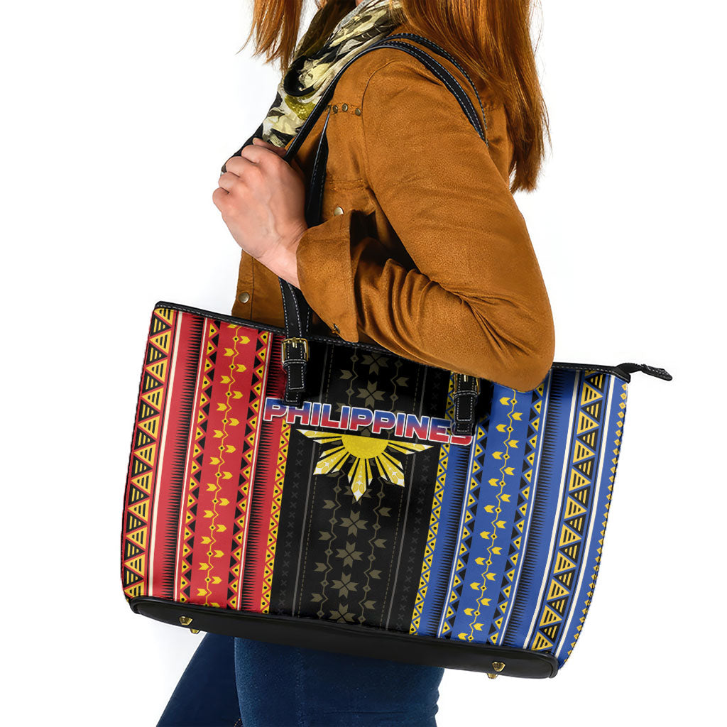 Philippines Filipinos Leather Tote Bag Igorot Tribal Inspiration Pattern Style LT05 Black - Polynesian Pride