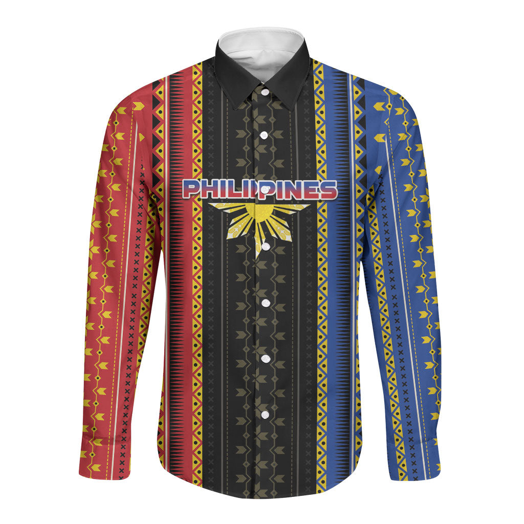 Personalised Philippines Filipinos Long Sleeve Button Shirt Igorot Tribal Inspiration Pattern Style LT05 Unisex Black - Polynesian Pride