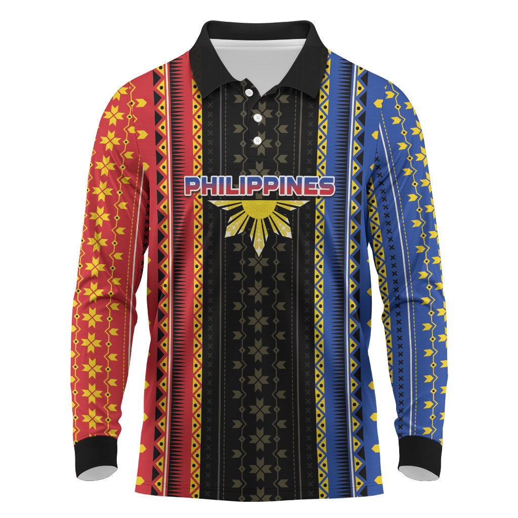 Personalised Philippines Filipinos Long Sleeve Polo Shirt Igorot Tribal Inspiration Pattern Style LT05 Black - Polynesian Pride