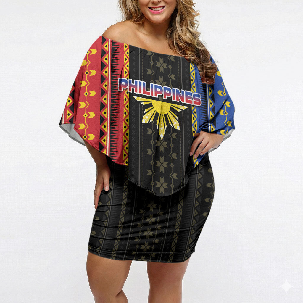 Personalised Philippines Filipinos Off Shoulder Short Dress Igorot Tribal Inspiration Pattern Style LT05 Women Black - Polynesian Pride