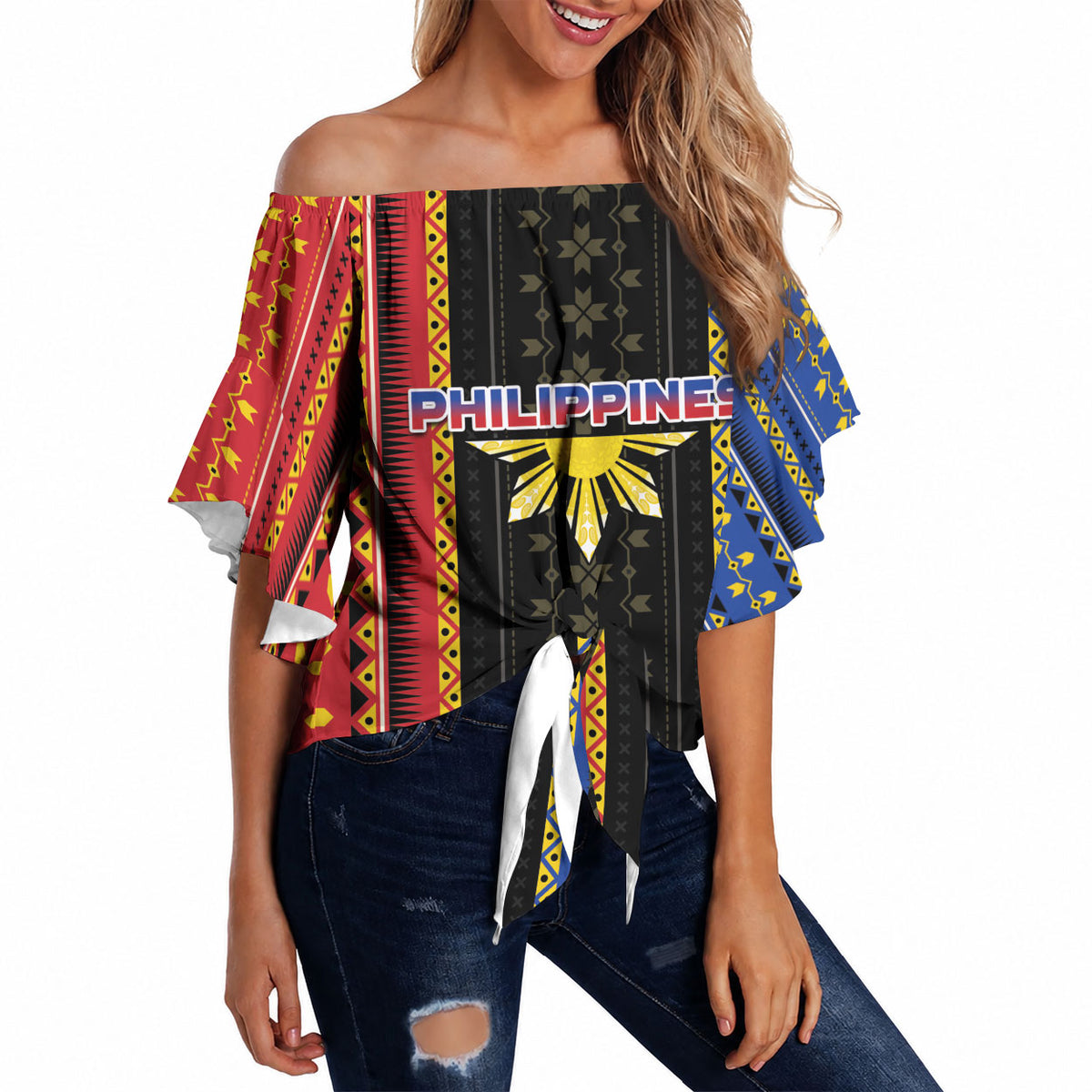 Personalised Philippines Filipinos Off Shoulder Wrap Waist Top Igorot Tribal Inspiration Pattern Style LT05 - Polynesian Pride