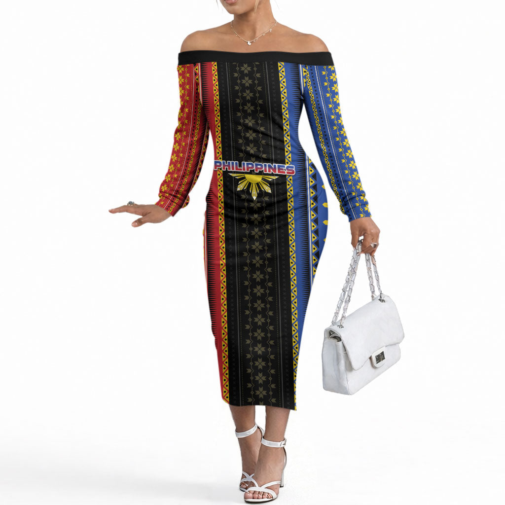 Personalised Philippines Filipinos Off The Shoulder Long Sleeve Dress Igorot Tribal Inspiration Pattern Style LT05 Women Black - Polynesian Pride