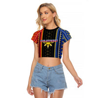 Personalised Philippines Filipinos Raglan Cropped T Shirt Igorot Tribal Inspiration Pattern Style LT05 Female Black - Polynesian Pride