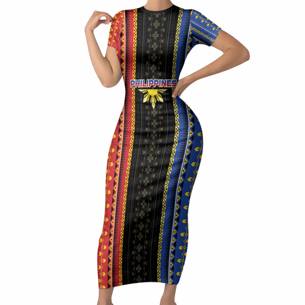 Personalised Philippines Filipinos Short Sleeve Bodycon Dress Igorot Tribal Inspiration Pattern Style LT05 Long Dress Black - Polynesian Pride