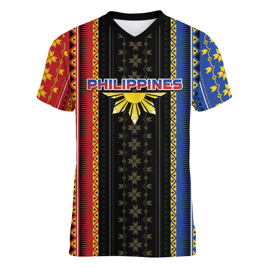 Personalised Philippines Filipinos Women V-Neck T-Shirt Igorot Tribal Inspiration Pattern Style LT05 Female Black - Polynesian Pride