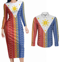 Philippines Sun Couples Matching Long Sleeve Bodycon Dress and Long Sleeve Button Shirt Igorot Tribal Inspiration LT05 Colorful - Polynesian Pride