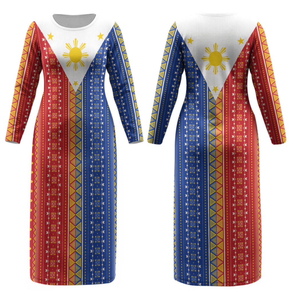 Philippines Sun Couples Matching Long Sleeve Bodycon Dress and Long Sleeve Button Shirt Igorot Tribal Inspiration LT05 - Polynesian Pride