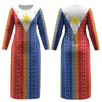 Philippines Sun Couples Matching Long Sleeve Bodycon Dress and Long Sleeve Button Shirt Igorot Tribal Inspiration LT05 - Polynesian Pride