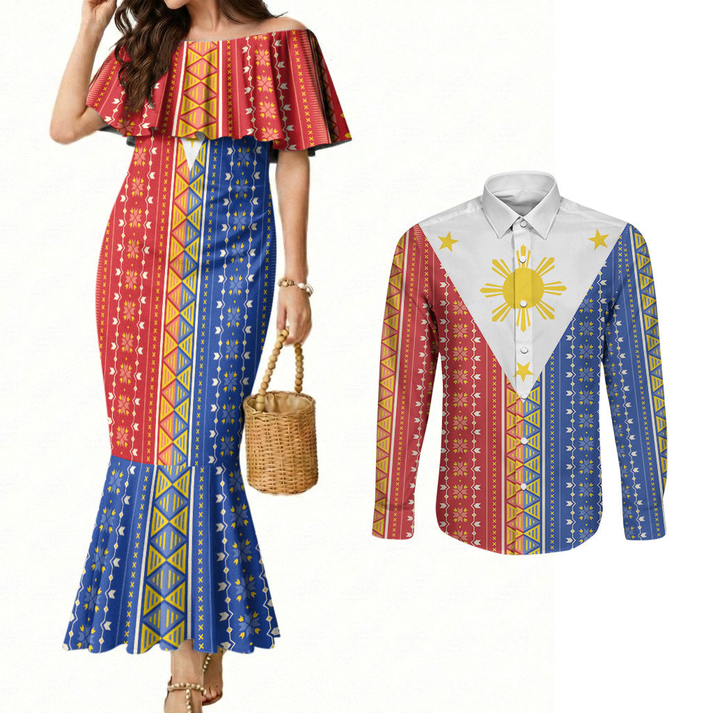 Philippines Sun Couples Matching Mermaid Dress and Long Sleeve Button Shirt Igorot Tribal Inspiration LT05 Colorful - Polynesian Pride