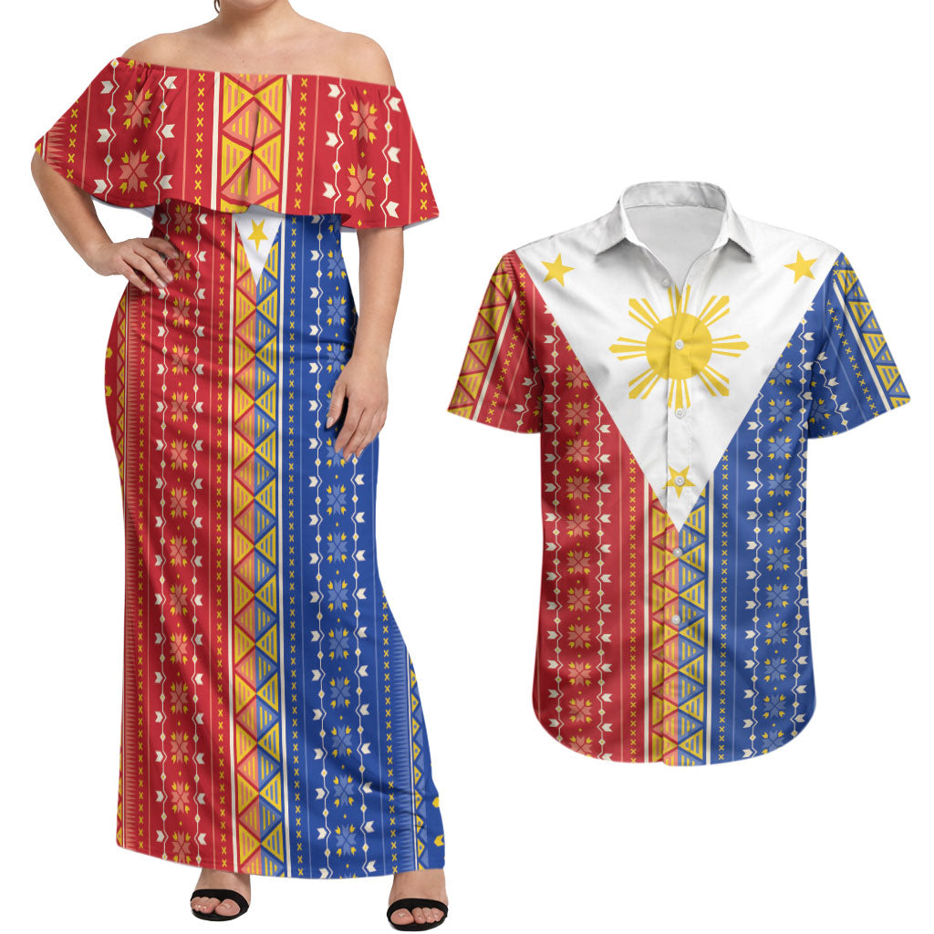 Philippines Sun Couples Matching Off Shoulder Maxi Dress and Hawaiian Shirt Igorot Tribal Inspiration LT05 Colorful - Polynesian Pride