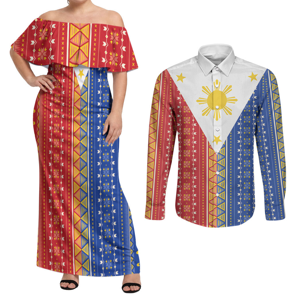 Philippines Sun Couples Matching Off Shoulder Maxi Dress and Long Sleeve Button Shirt Igorot Tribal Inspiration LT05 Colorful - Polynesian Pride