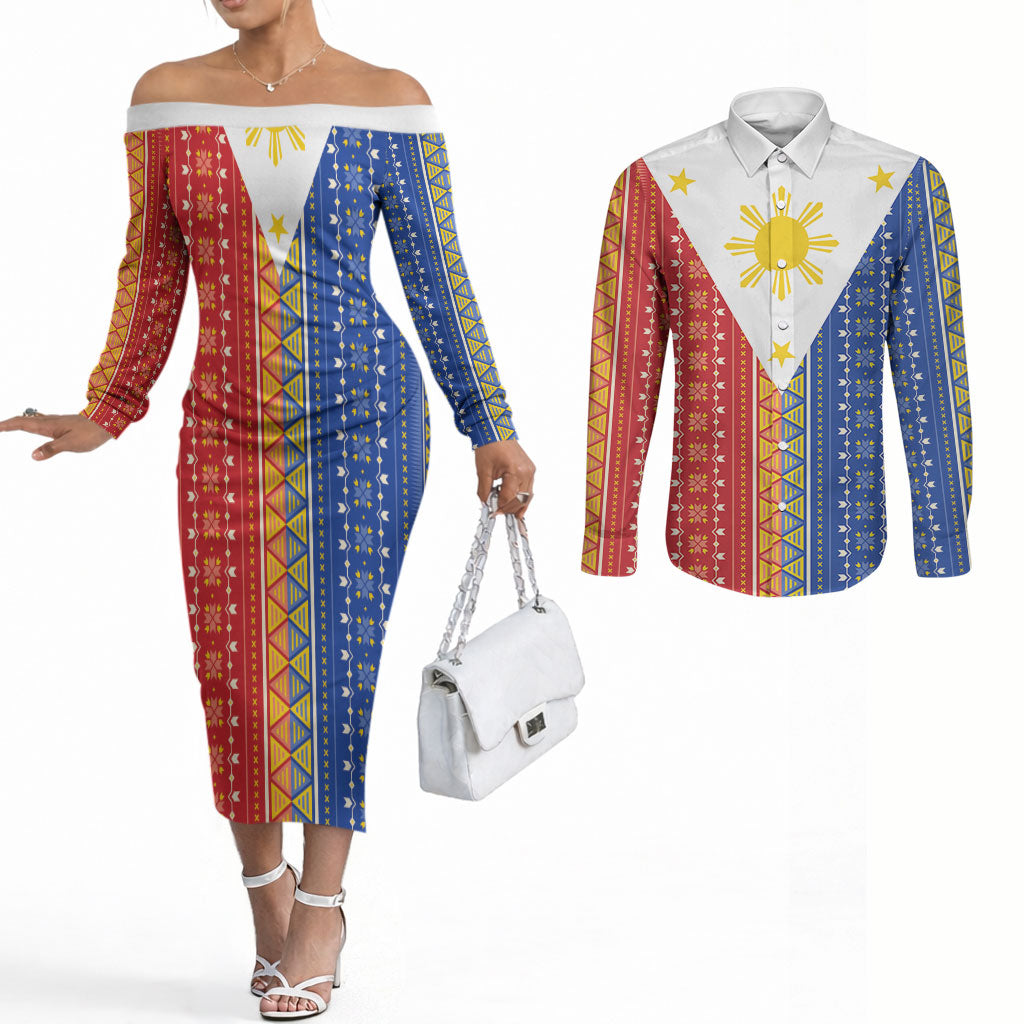 Philippines Sun Couples Matching Off The Shoulder Long Sleeve Dress and Long Sleeve Button Shirt Igorot Tribal Inspiration LT05 Colorful - Polynesian Pride
