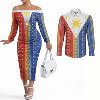 Philippines Sun Couples Matching Off The Shoulder Long Sleeve Dress and Long Sleeve Button Shirt Igorot Tribal Inspiration LT05 Colorful - Polynesian Pride