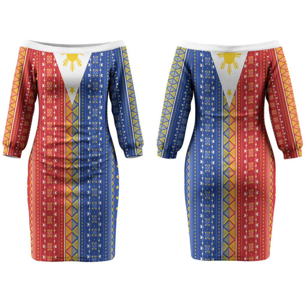 Philippines Sun Couples Matching Off The Shoulder Long Sleeve Dress and Long Sleeve Button Shirt Igorot Tribal Inspiration LT05 - Polynesian Pride