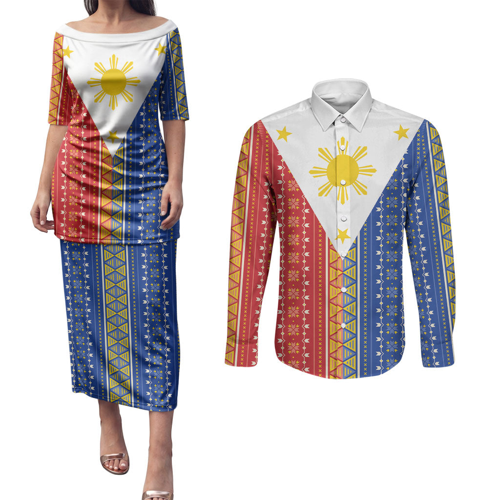 Philippines Sun Couples Matching Puletasi and Long Sleeve Button Shirt Igorot Tribal Inspiration LT05 Colorful - Polynesian Pride