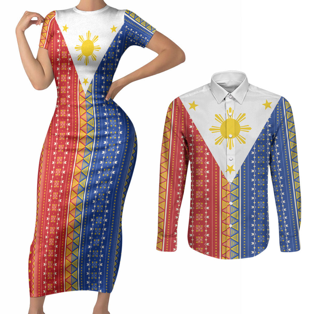 Philippines Sun Couples Matching Short Sleeve Bodycon Dress and Long Sleeve Button Shirt Igorot Tribal Inspiration LT05 Colorful - Polynesian Pride